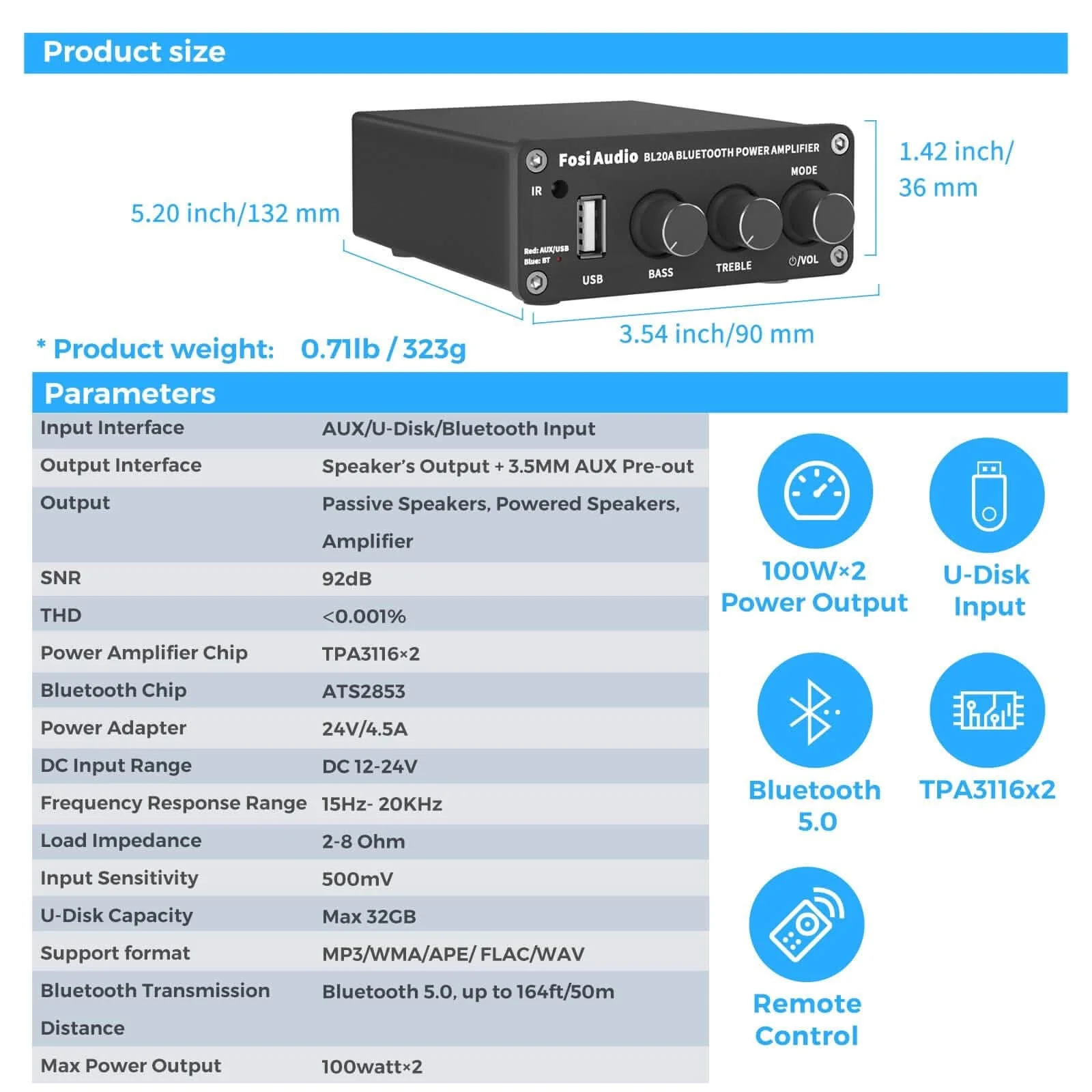 Fosi Audio BL20A Bluetooth USB Power Amplifier - Image 6