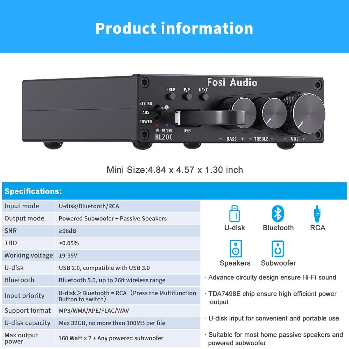 Fosi Audio BL20C Bluetooth USB Stereo Amplifier - Image 6